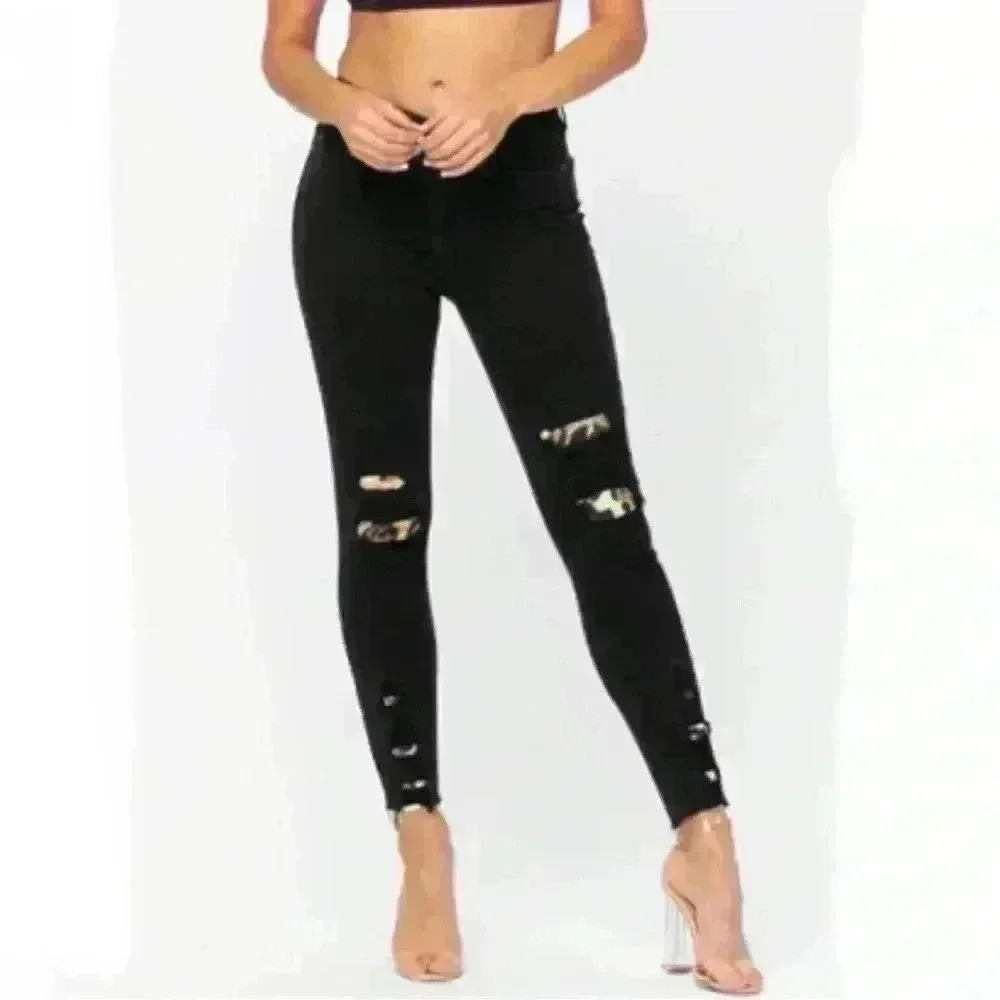 Judy Blue Juliana Black Skinny Leopard Patch Stretch‎ Raw Hem Jeans 3/26
